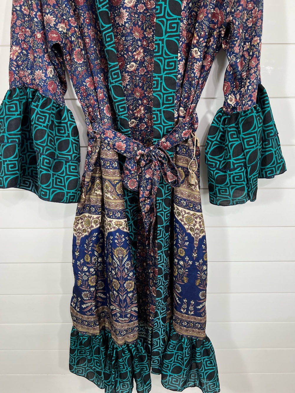 100% Silk Boho Kimono Robe Womens Tie Waist Mixed Print Duster - Picture 5 of 16